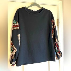Black Blouse w/ Patterned Sleeve